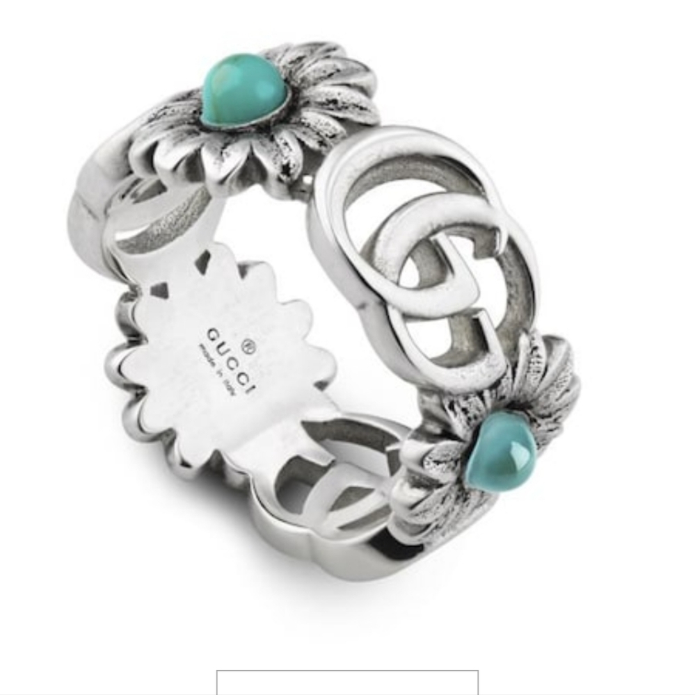 Gucci silver GG marmont  turquoise sterling silver flower ring size 5.5